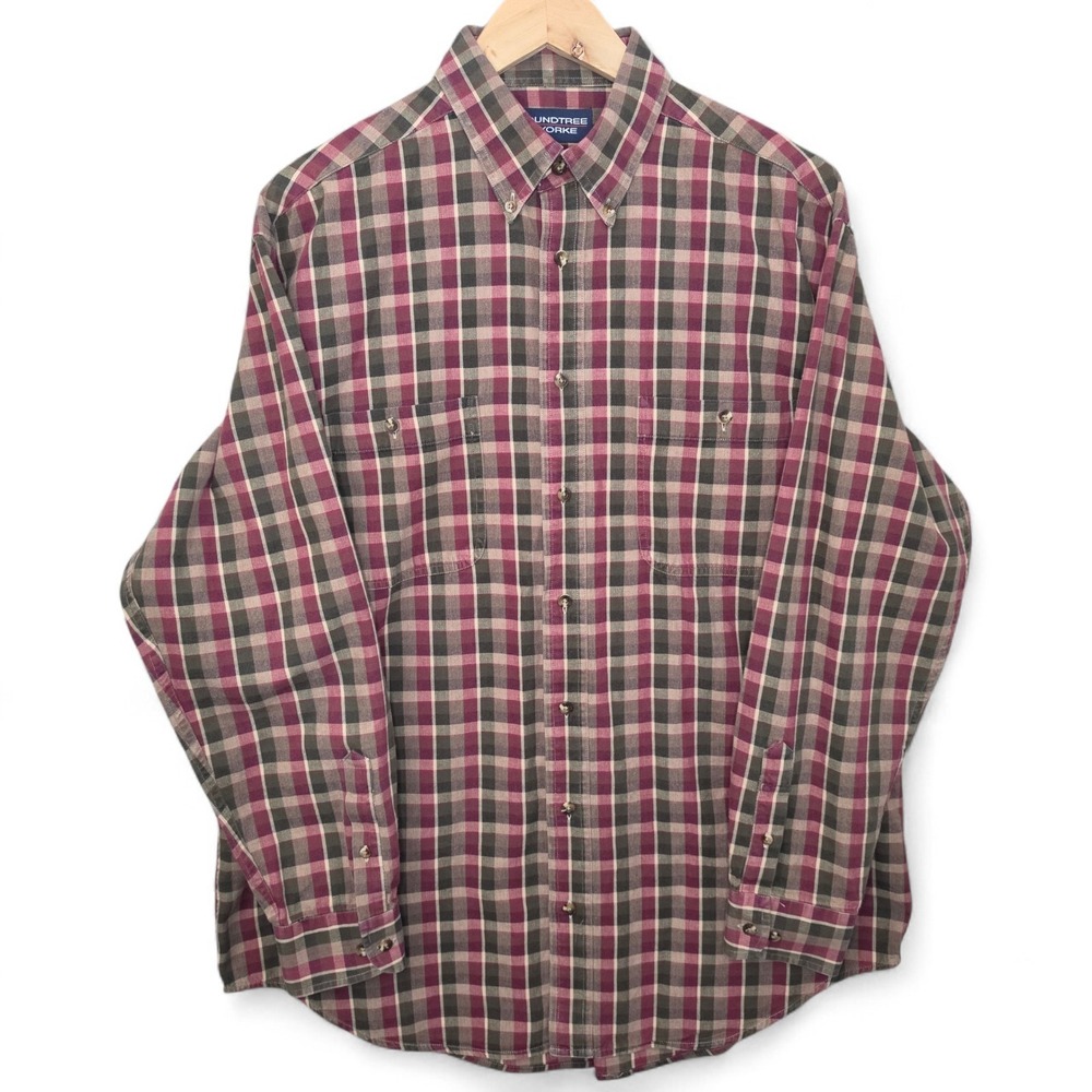 Roundtree & Yorke Shirt Mens Large Burgundy Green Plaid Button Down Herringbone
